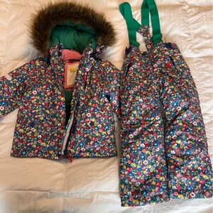 MINI BODEN floral snow coat and bibs, 3-4T
